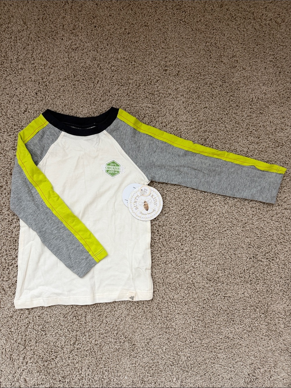 Burt's Bees Organic Raglan Long Sleeve Tee in White, Gray & Lime